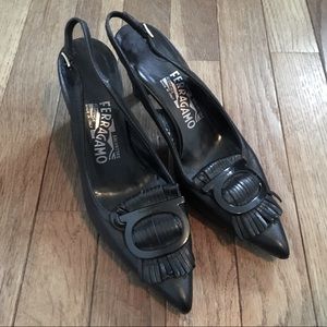 Salvatore Ferragamo leather fringed sling back high heel pumps